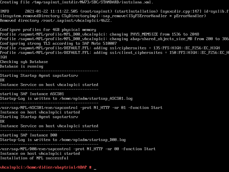 Shell Linux con los resultados de la instalación de SAP