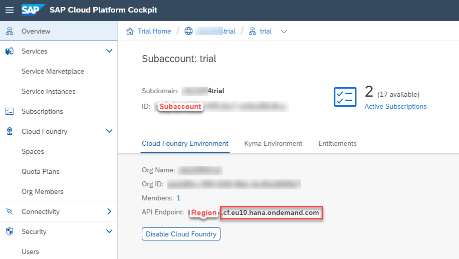 Datos de subaccount y region para cuenta SAP Cloud Connector
